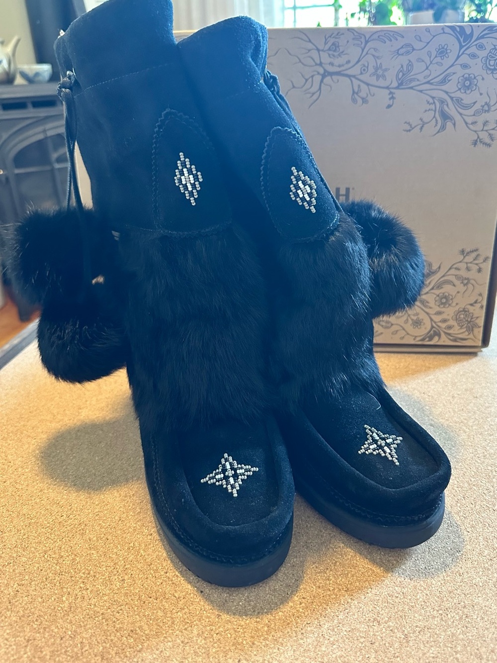 Women’s Black Fur-Trim Moccasin Boots with Crystal Star Accents